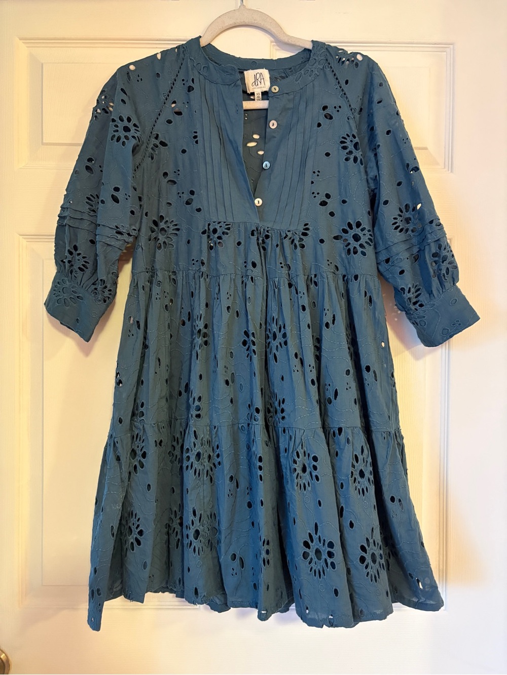 dRA Yara Teal Tiered Eyelet Dress 100% Cotton